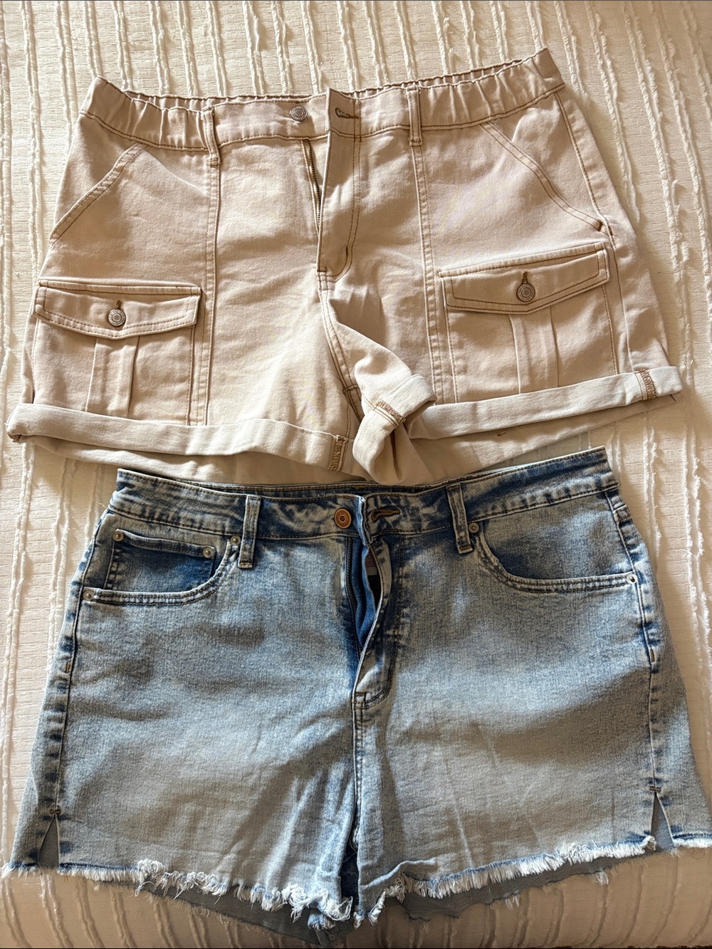 No Boundaries Beige Utility Shorts and Light Blue Denim Cutoffs - Women